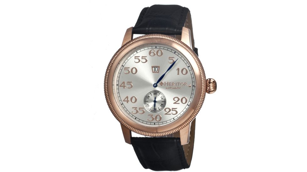 Heritor Bohr Mens Watch, Black Leather Band, Rose Gold Bezel, Silver Analog Dial, Blue Hand HERHR1003