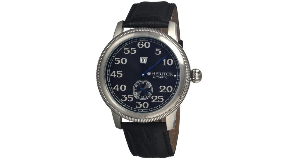 Heritor Bohr Mens Watch, Black Leather Band, Silver Bezel, Black Analog Dial, Blue Hand HERHR1002