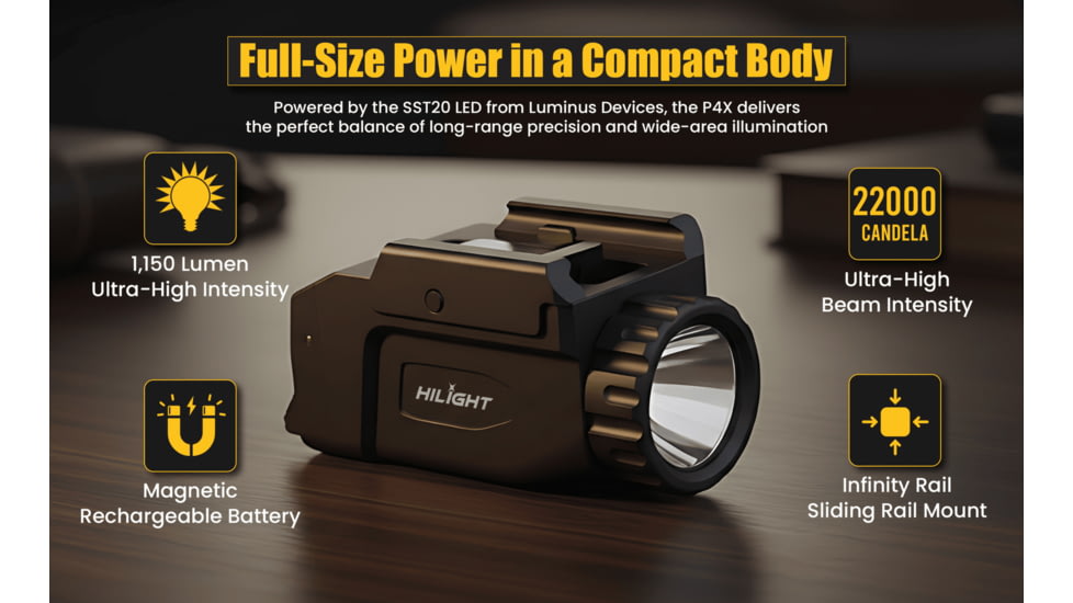 Hilight P4X 1150 Lumens LED Weapon Light, Lithium Ion, SIG Sauer P226, Springfield Armory XD-S, G 19, SIG Sauer P320, G 17, G 34, S&amp;W M&amp;P M2.0, Springfield Armory XD-M, Black, P4X