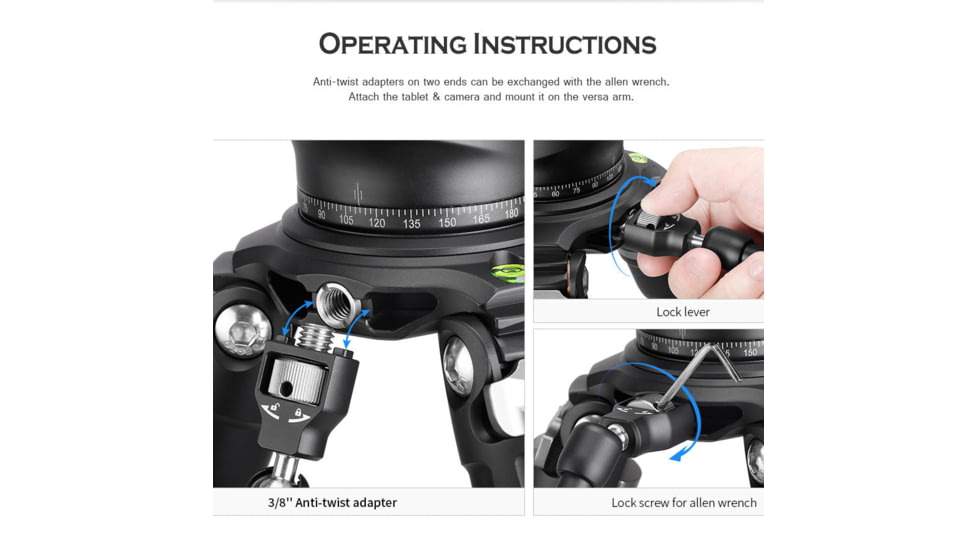 Leofoto AM-3 Kit Versa Magic Arm w/ Anti-Twist Adapter, 3/8th Mounting Screws, Black, AM-3-KIT