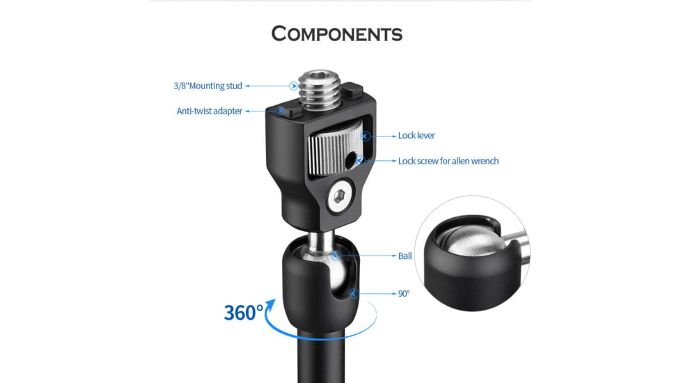 Leofoto AM-3 Kit Versa Magic Arm w/ Anti-Twist Adapter, 3/8th Mounting Screws, Black, AM-3-KIT