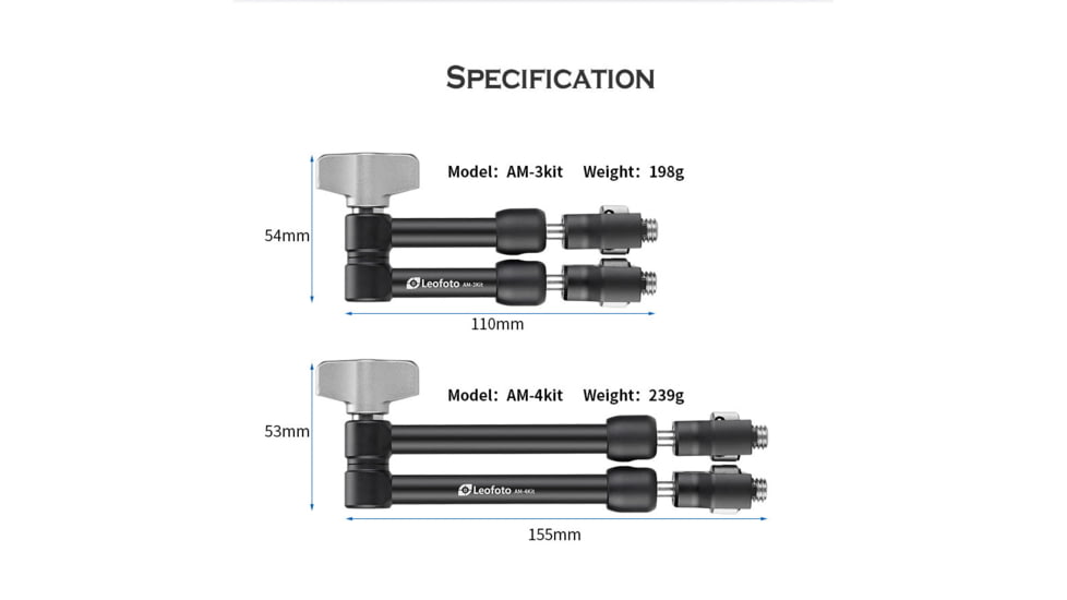 Leofoto AM-3 Kit Versa Magic Arm w/ Anti-Twist Adapter, 3/8th Mounting Screws, Black, AM-3-KIT