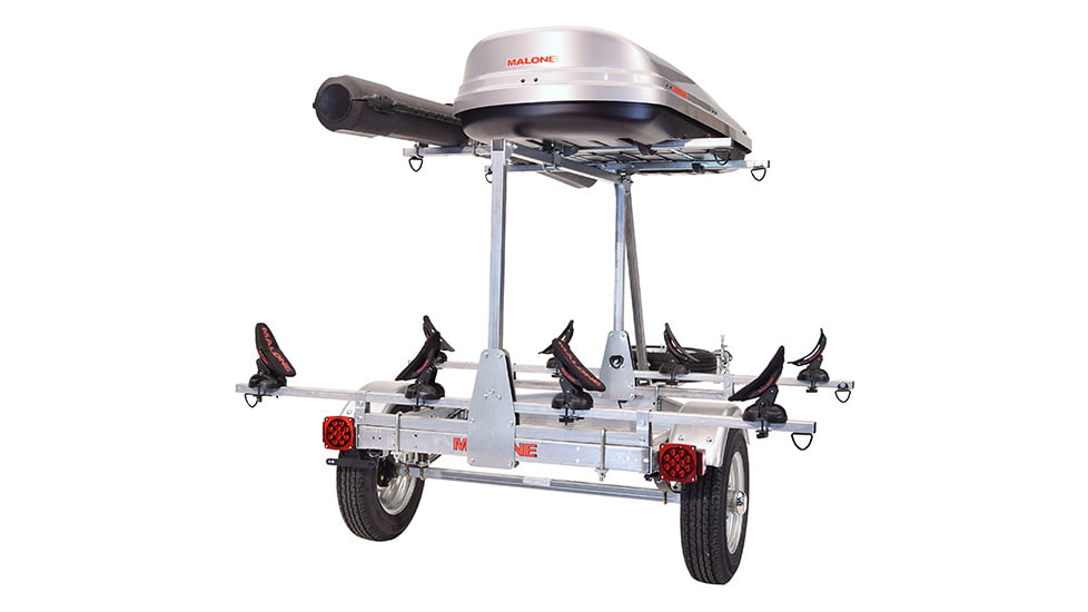 Malone Auto Racks MicroSport LowBed 2 Kayak Trailer Package, 2 Sets Saddle Up, Cargo Box, Rod Tube, Spare Tire, MPG464-LBTS