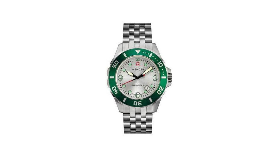 Wenger AquaGraph Deep Diver Watch - Mens Silver Sunray Dial/Green Bezel - Steel Bracelet