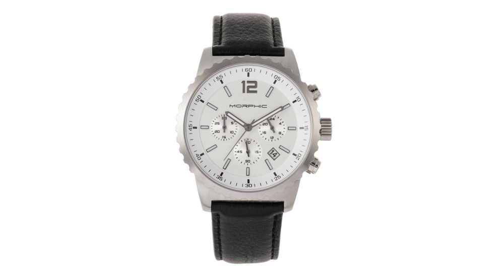Morphic M67 Series Chronograph Leather-Band Watch w/Date, Silver/Black, MPH6701