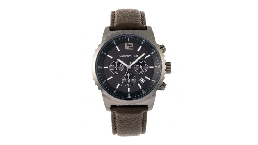 Morphic M67 Series Chronograph Leather-Band Watch w/Date, Gunmetal/Brown, MPH6705