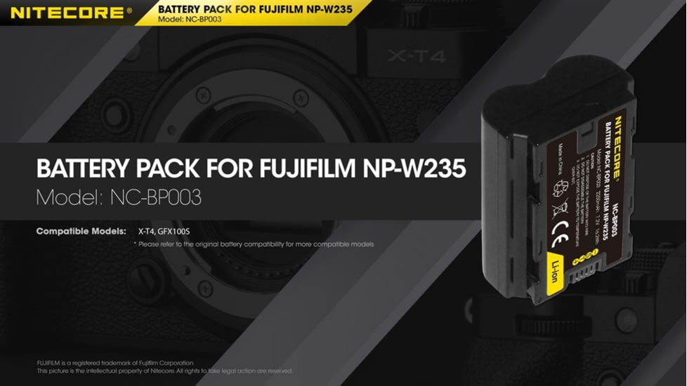 Nitecore NC-BP003 Camera Battery Compatible with Fujifilm NP-W235, Black, 6952506494569
