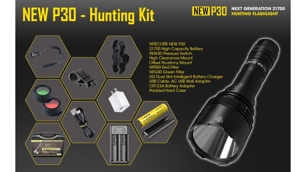 Nitecore NEW P30 Hunting Kit with LumenTac Offset Mount and AC USB Adapter, Black, 6952506405879