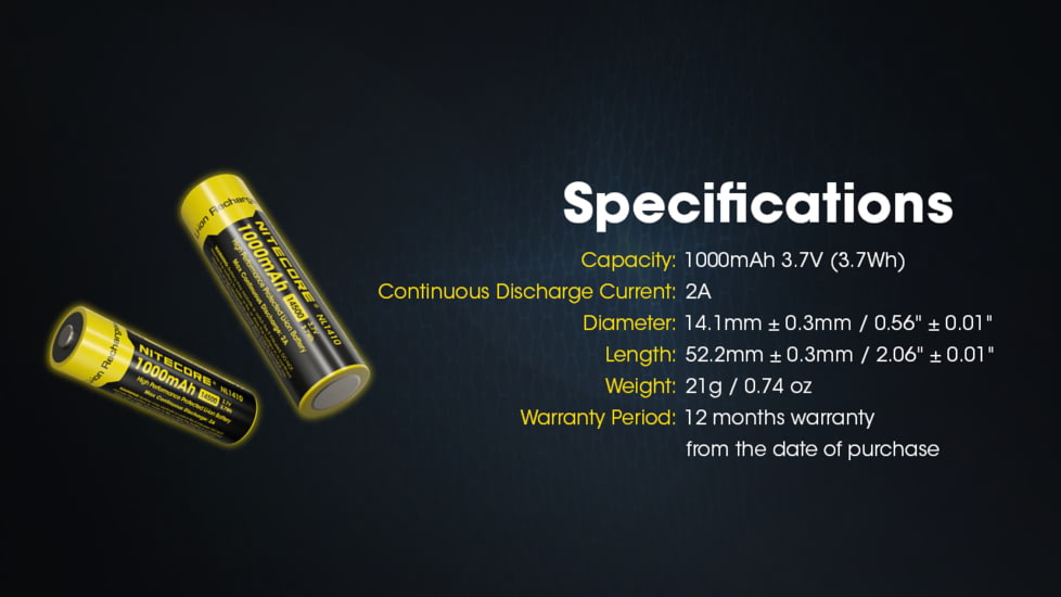 Nitecore NL1410 1000mAh Rechargeable 14500 Battery, Black/Yellow, 6952506496334