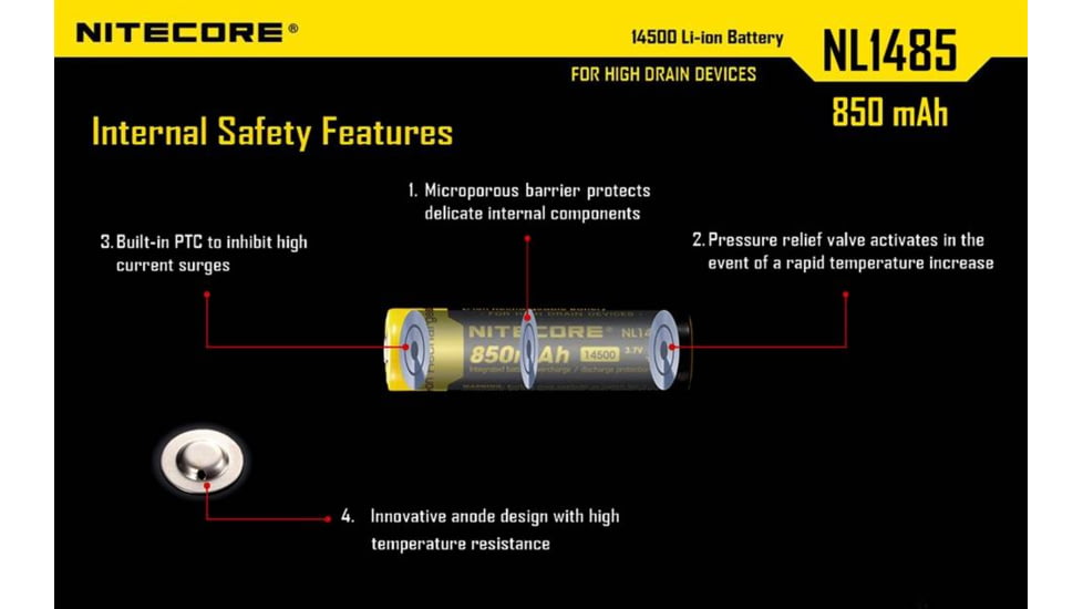 Nitecore NL1485 850mAh 14500 Rechargeable Battery, Yellow, 6952506492398