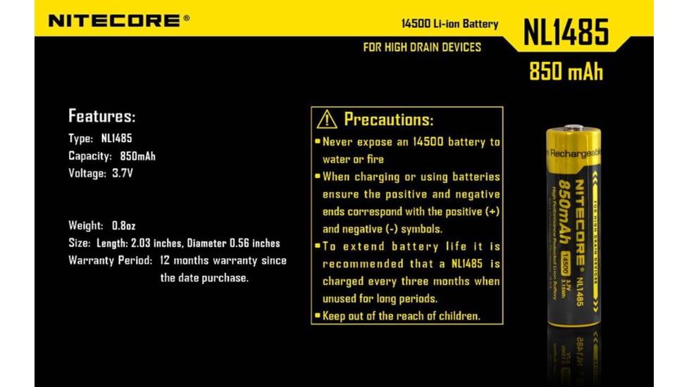 Nitecore NL1485 850mAh 14500 Rechargeable Battery, Yellow, 6952506492398