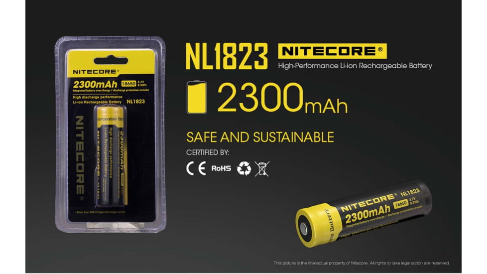 Nitecore NL1823 2300mAh Rechargeable 18650 Battery, Yellow, 6952506491476