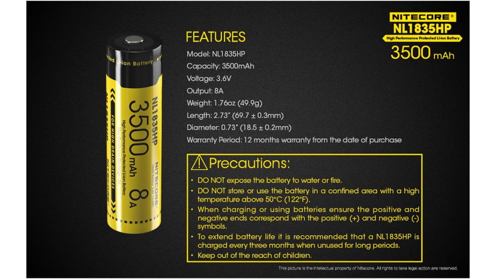 Nitecore NL1835HP 3500mAh High Performance Rechargeable 18650 Battery, Yellow, 6952506492343
