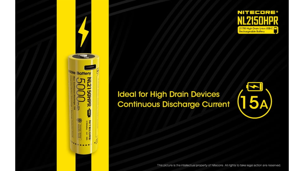 Nitecore NL2150HPR 5000mAh USB-C Rechargeable 15A 21700 Battery, Yellow, 6952506493739