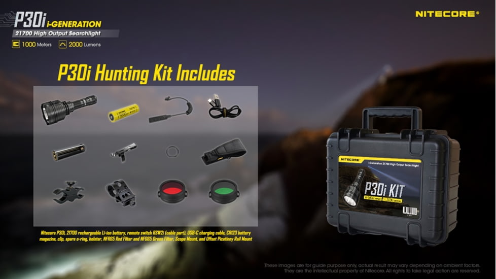 Nitecore P30i 2000 Lumen 1093 Yard Long Throw Flashlight Hunting Kit, Black, 6952506466269