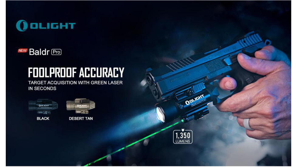 Olight Baldr Pro w/ Green Laser Sight LED Flashlight, Cool White, 1350 Lumens, Black, FL-OL-BALDRPRO-BK