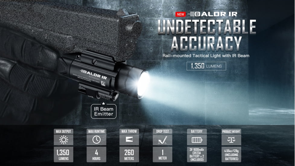 Olight Baldr w/ IR Laser Sight LED Flashlight, Neutral White, 1350 Lumens, Black, FL-OL-BALDRIR