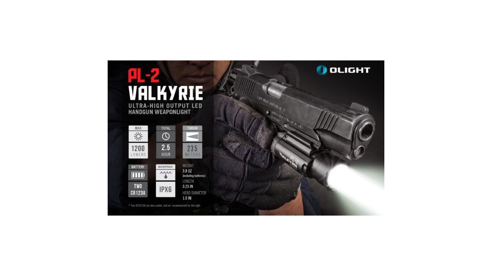Olight PL-2 Valkyrie Rail Mounted LED Pistol Light, Picatinny and Glock Rails, CREE XHP35 HI CW LED, 1200 Lumens, Includes 2 x CR123As, Black, PL-2-VALKYRIE