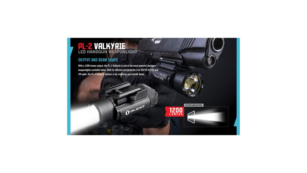 Olight PL-2 Valkyrie Rail Mounted LED Pistol Light, Picatinny and Glock Rails, CREE XHP35 HI CW LED, 1200 Lumens, Includes 2 x CR123As, Black, PL-2-VALKYRIE