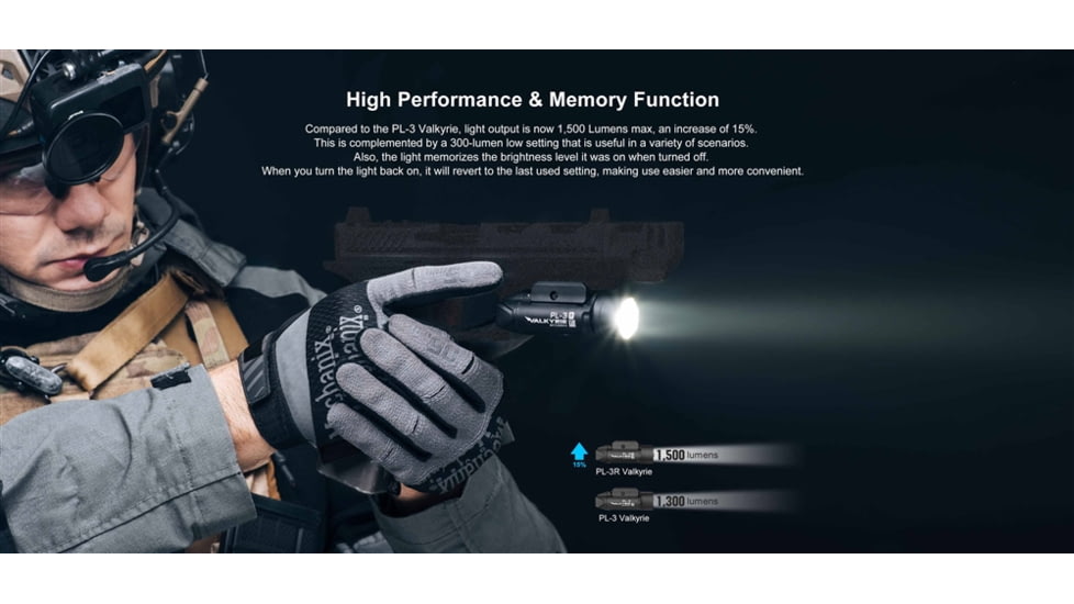 Olight PL-3R Valkyrie LED Rechargeable Mountable Tactical Flashlight, 1500 Lumen, Black, FL-OL-PL3R-BK