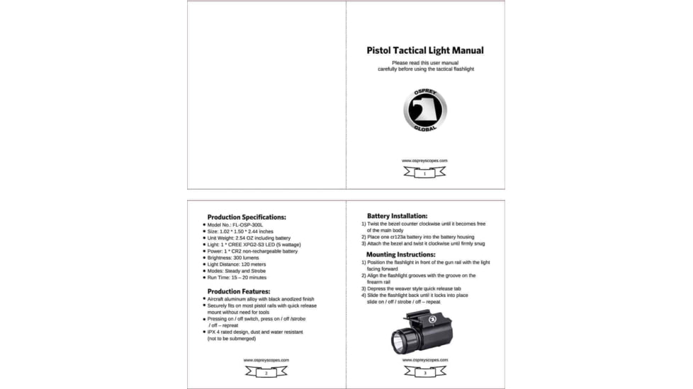 Osprey Global LED Tactical Pistol Flashlight, CR123A, 300 Lumens, Black, FL-OSP-300L