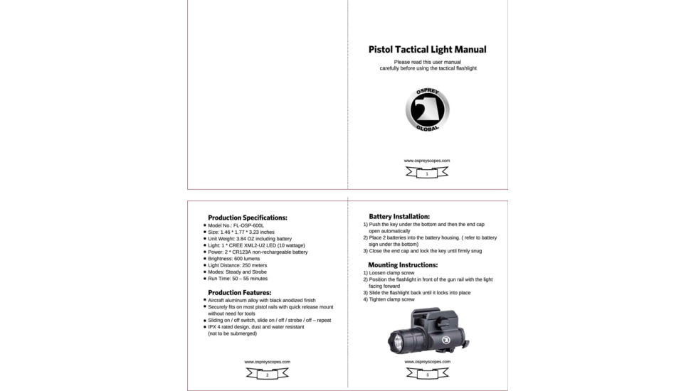 Osprey Global LED Tactical Pistol Flashlight, CR123A, 600 Lumens, Black, FL-OSP-600L