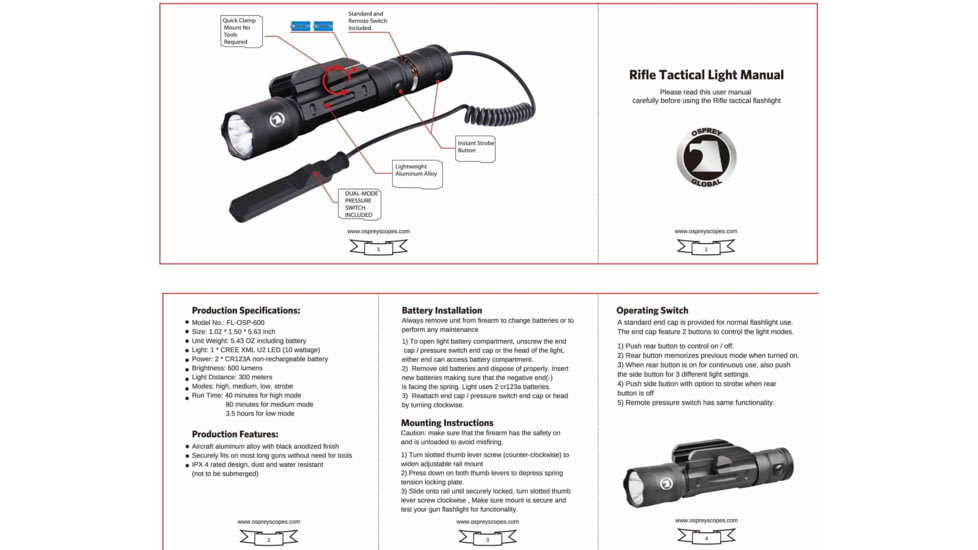 Osprey Global LED Tactical Rifle Flashlight, 2x ICR 16340, 600 Lumens, Black, FL-OSP-600
