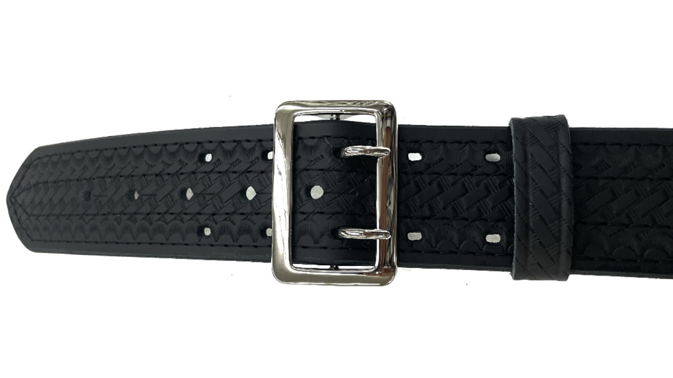 Perfect Fit 2.25in 4 Row Stitching Sam Browne Leather Belt w/ Chrome Buckle, Basket Weave, Black, 30, 8001-BW-CH-30