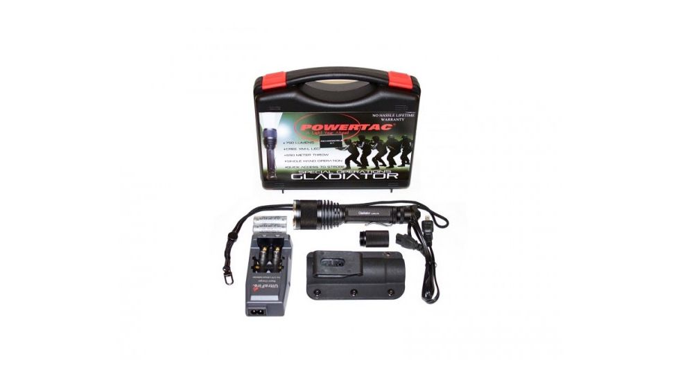 Powertac Gladiator Rechargeable Package - 750 Lumen LED Flashlight w/Rechargeable Batteries and Home Charger GLADIATOR-RECHARGABLE