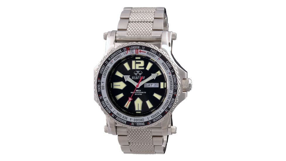 REACTOR Proton World Men's Watch with Never Dark Illuminated Dial, Stainless Steel Bracelet, Black Dial, Medium 91601