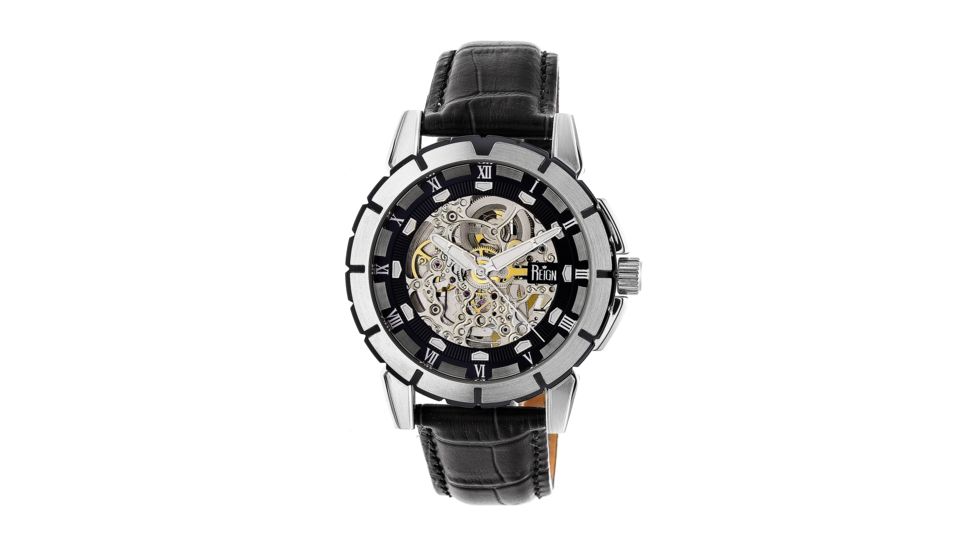 Reign Philippe Automatic Skeleton Dial Leather-Band Watch, Black REIRN4604