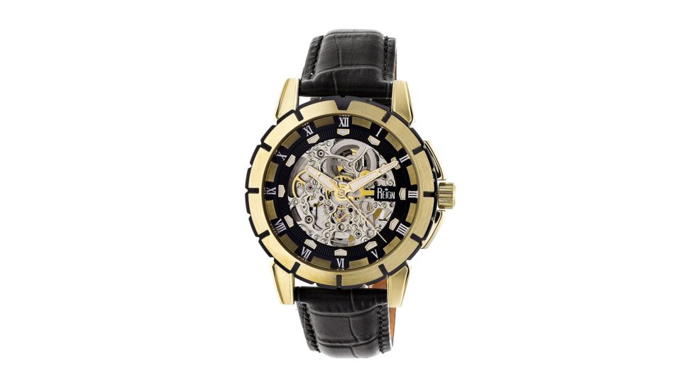 Reign Philippe Automatic Skeleton Dial Leather-Band Watch, Black REIRN4605