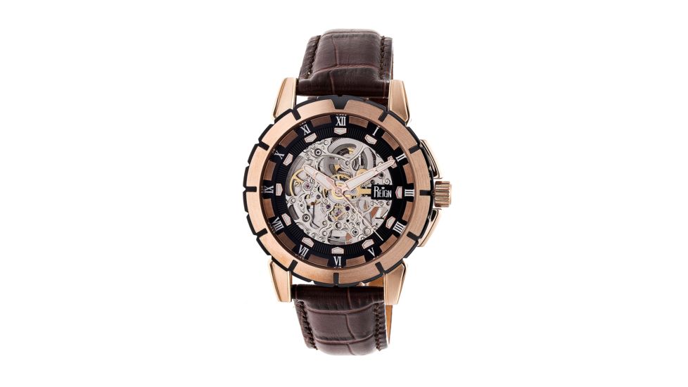 Reign Philippe Automatic Skeleton Dial Leather-Band Watch, Black REIRN4606