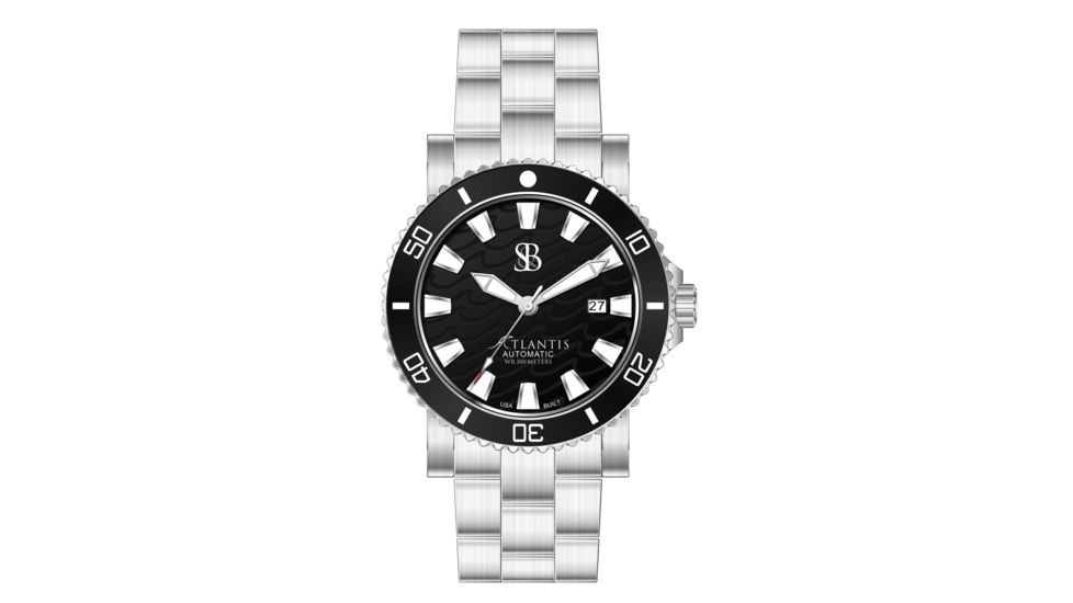 Smith &amp; Bradley Watches Atlantis A2 Ceramic Automatic Watch, 44mm Silver 316L Stainless Steel Case, Black Dial, Unisex, ATC302