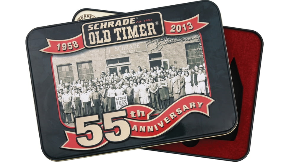 Schrade Old Timer 55th Anniversary Tin, Lid Color Anniversary Artwork, Interior Deluxe Foam Insert With Cutouts To Fit Old Timer 108Ot Junior, 12Ot Pal, 8Ot Senior, Knives Are Not Included, SCH55TIN