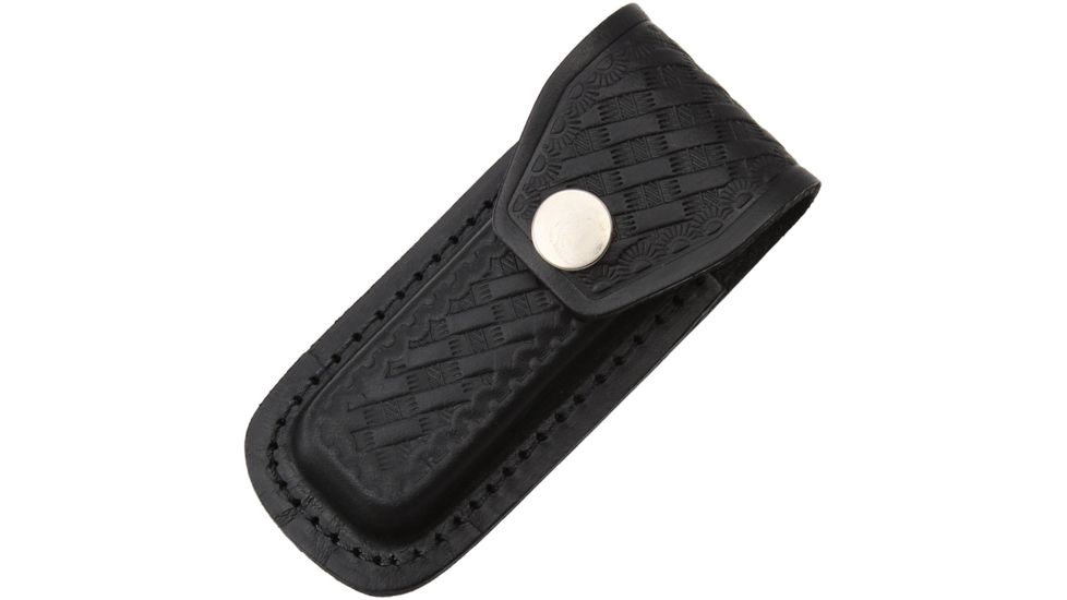 Sheath Folding Knife Sheath, Black leather w/embossed basketweave,3.5-4in closed SH1143