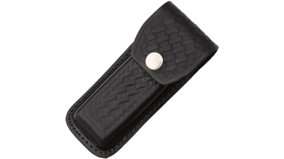 Sheath Folding Knife Sheath, Black leather w/embossed basketweave,4.5-5.25in closed SH1144