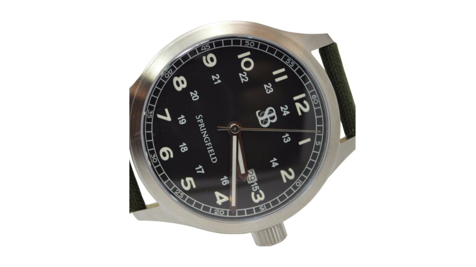 Smith&amp;Bradley Ltd. Springfield Field Watch w/ Stainless Silver/ Black Dial, Green Strap, 44MM, NSN n, SPRINGFIELD STAINLESS GRN