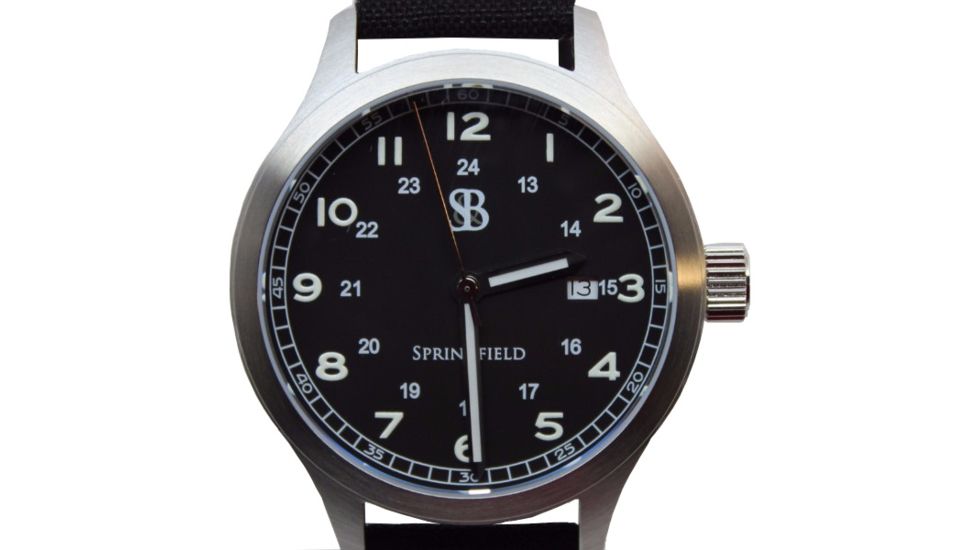 Smith&amp;Bradley Ltd. Springfield Field Watch w/ Stainless Silver/ Black Dial, Black Strap, 44MM, NSN n SPRINGIELD STAINLESS BLK