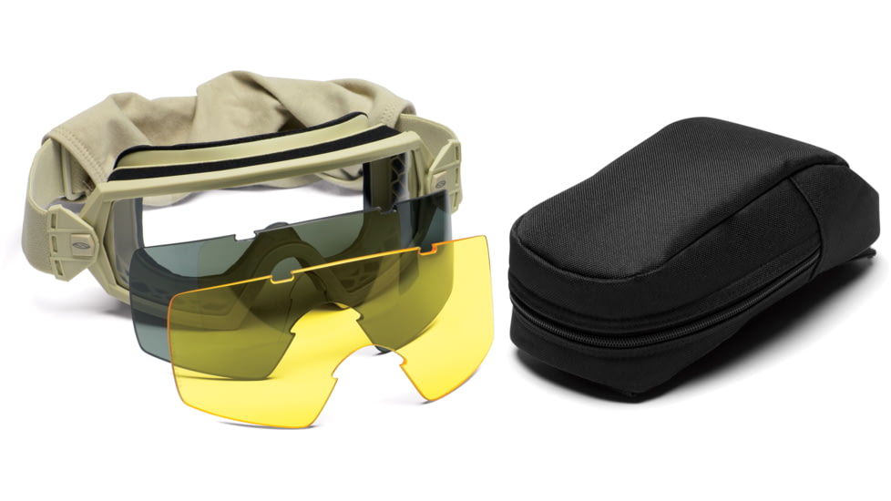 Smith Elite Outside the Wire Eyeshield, Desert Tan frame - shown with protective case and Gray and Yellow replacement lens