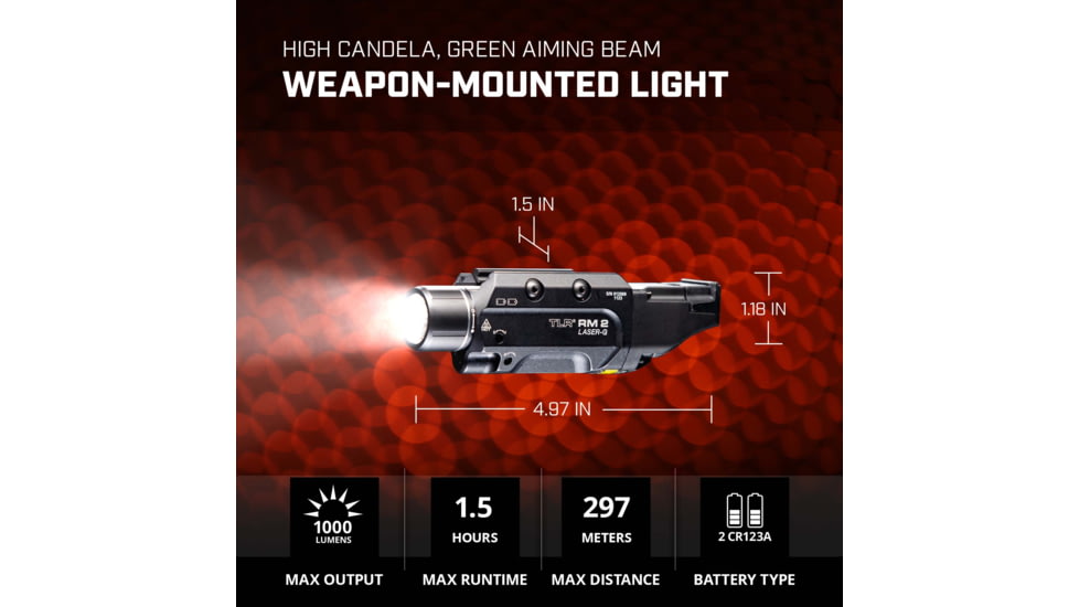 Streamlight TLR RM 2 Compact Rail Mounted LED Tactical Weapon Light w/Green Laser, CR123A, White, 1000 Lumens, Black, 69454