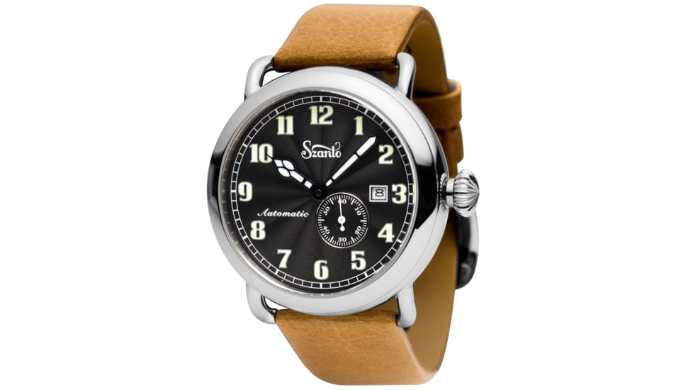 Szanto Automatic Officer Watches, Black Dial, Tan Strap, Steel, One Size, SZ 6302E