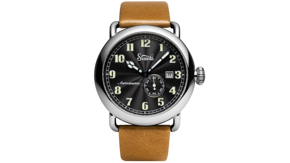 Szanto Automatic Officer Watches, Black Dial, Tan Strap, Steel, One Size, SZ 6302E