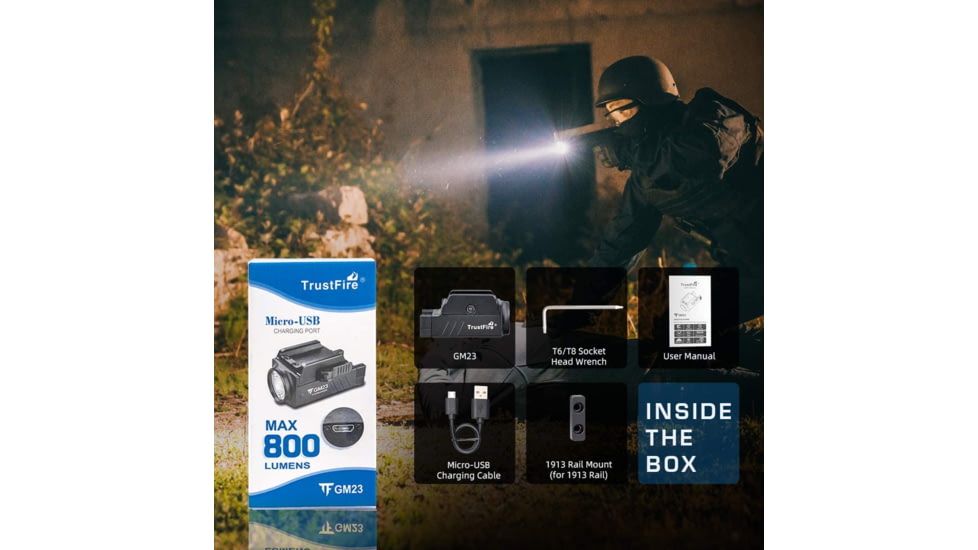 TrustFire GM23 Quick Release Li-Polymer Rechargeable CREE XP-L HI LED Sub-Compact Pistol Light, 800 Lumens, Black, GM23