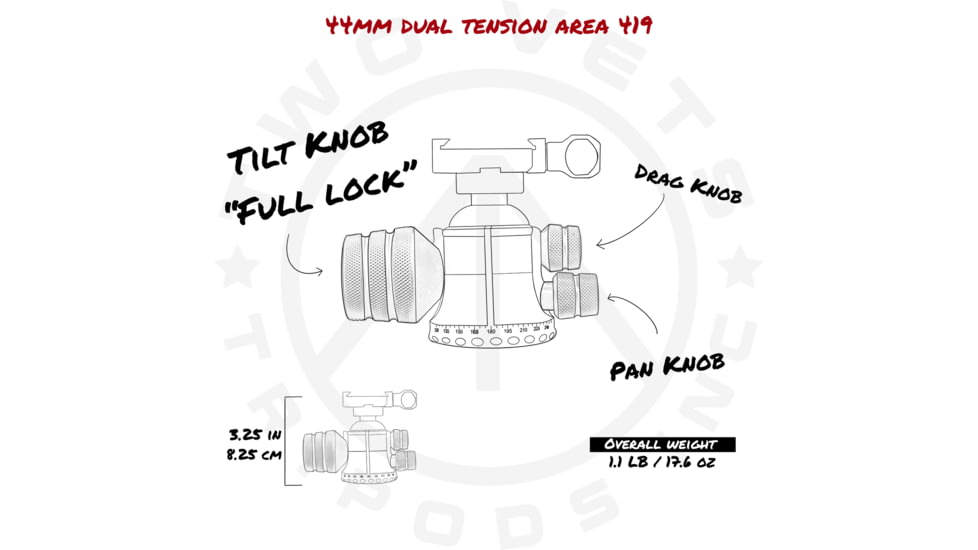 Two Vets Tripods Inc 44MM Dual Tension Ballhead W/ Area 419 ARCALOCK CLAMP, Black/Gold, 3in, 44MM419