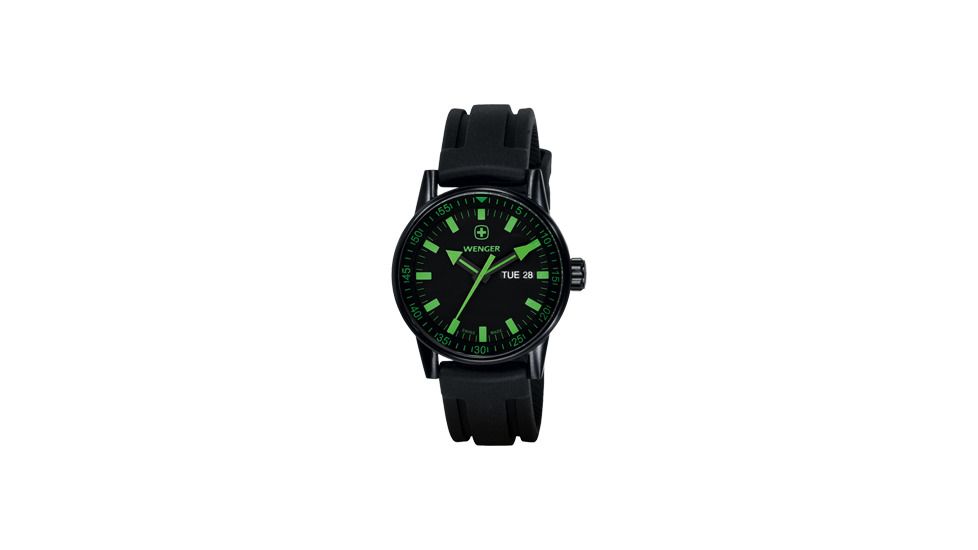 Wenger Mens Commando Day Date XL Swiss Watch w/ PVD Case black dial, green numerals, black silicone strap 70172