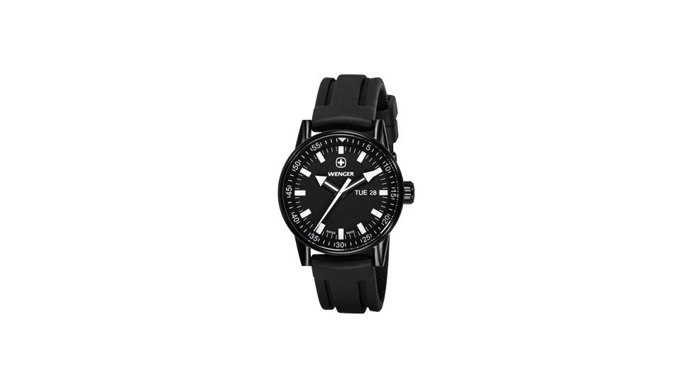 Wenger Mens Commando Day Date XL Swiss Watch w/ PVD case black dial white numerals, black silicone strap 70175