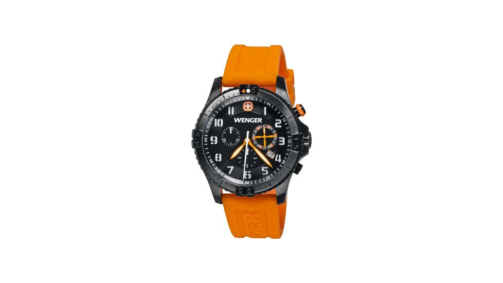 Wenger Mens Squadron Chrono Swiss Watch w/ Black & Orange Dial/Silicone Strap set and special edition Ranger grip swiss army Knife & laptop case 60758