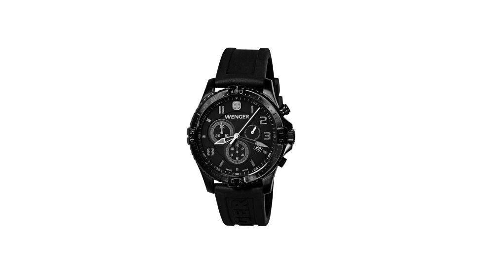 Wenger Mens Squadron Chrono Swiss Watch w/ PVD case/black dial/black silicone strap 77054