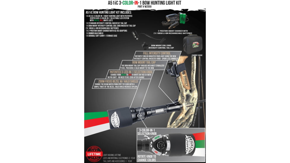 Wicked Hunting Lights A51iC 3-Color-In-1 Bow Hunting Light Kit, Green, Red, White, W2059